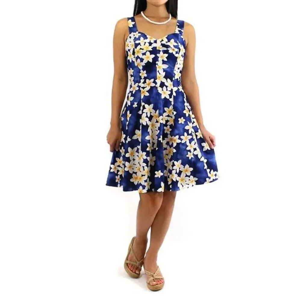 Royal Hawaiian Creations Mini Sundress Plumeria Blue Cotton Hawaiian size Medium - Picture 2 of 9